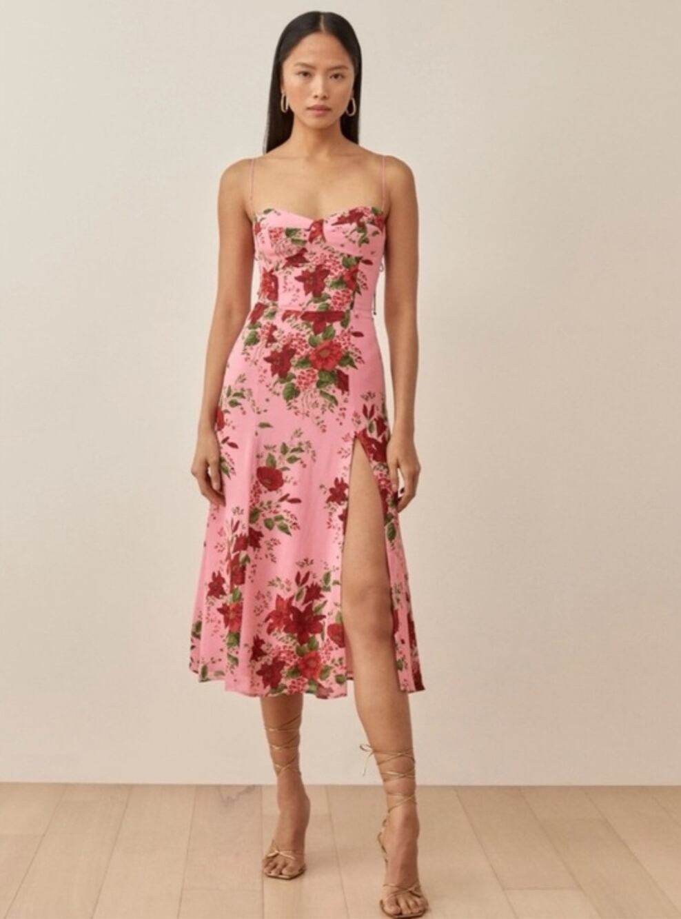 Reformation Pink Red Juliette Dress in Valeria Floral Midi Dress Size 8